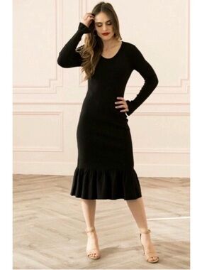 Rachel Parcel Ribbed Stretch Knit Ruffle Trim Sweater Midi Dress Black Large